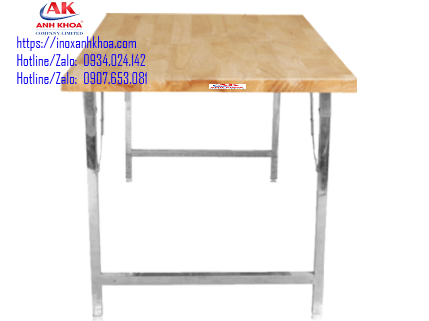 BÀN INOX CHỮ NHẬT MẶT BÀN GỖ CAO SU 