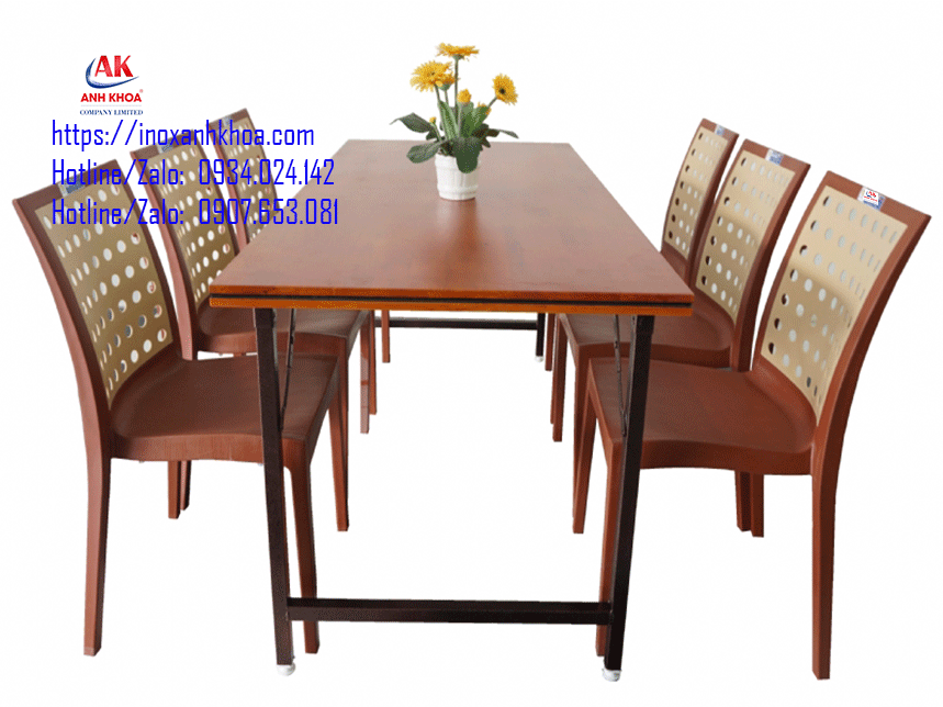 BÀN INOX CHỮ NHẬT MẶT BÀN GỖ CAO SU 