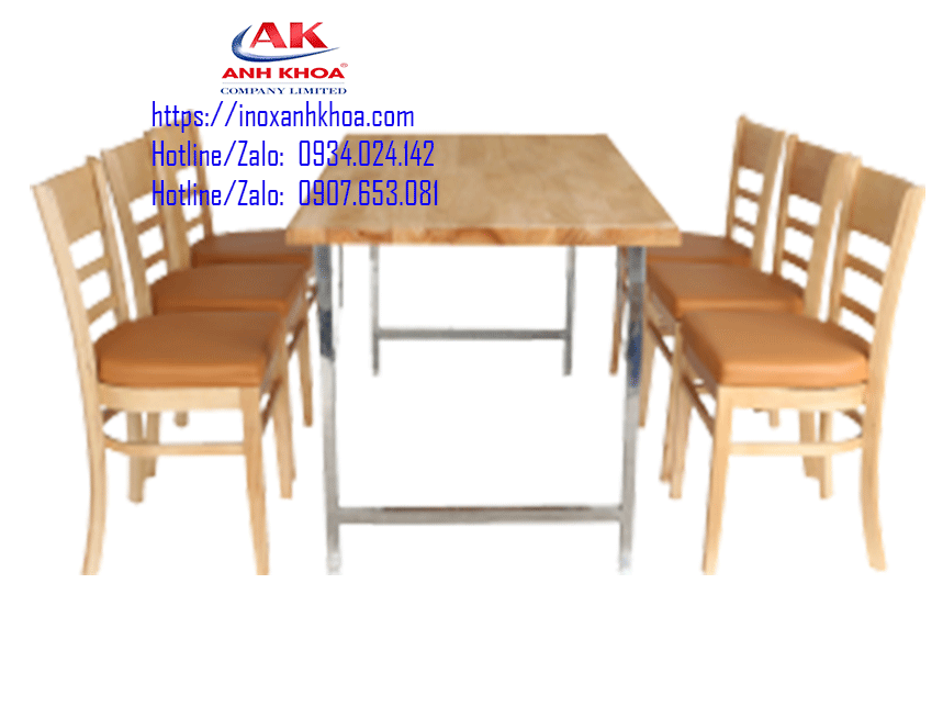 Bàn inox chữ nhật mặt bàn gỗ 