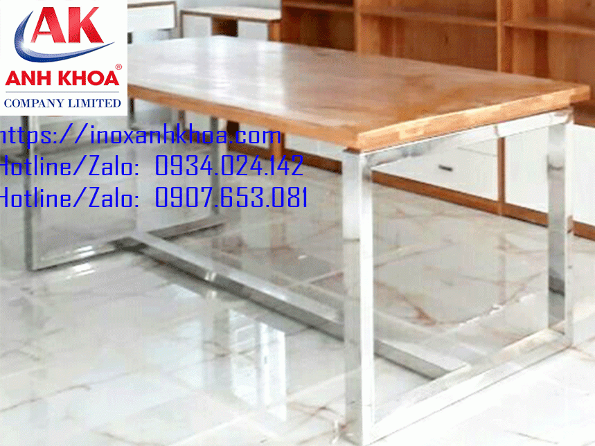 BÀN INOX CHỮ NHẬT MẶT BÀN GỖ CAO SU 